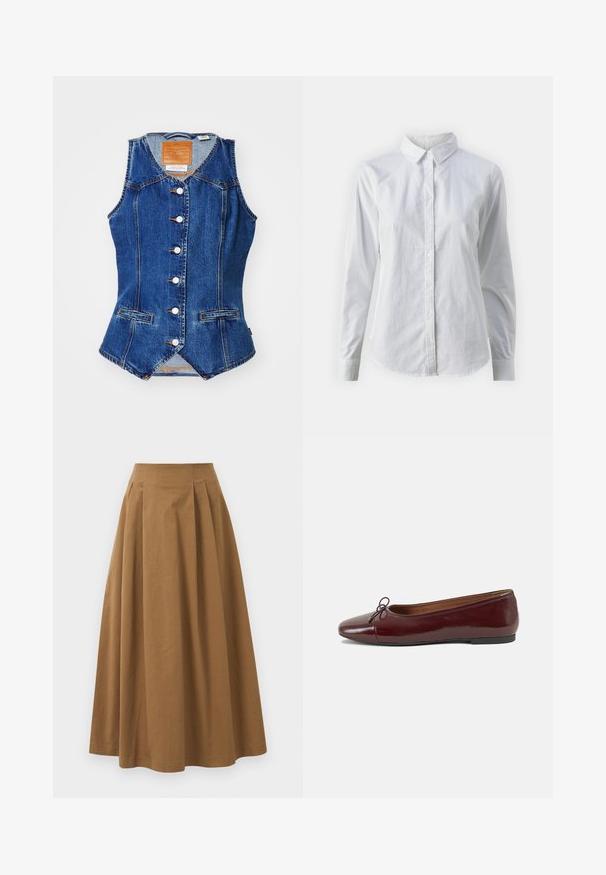 Levi's® LONGLINE - Vest - enchantment; Hvid skjorte med knapper lavet af glat bomuld, der har en klassisk krave, lange ærmer og en buet kant. Knapperne er små og hvide.; Brun bomulds A-linjeet nederdel med høj talje, præget af læg foran og en glat tekstur. Endeafslutningerne er enkle og rene.; Bordeaux patentlæder balletflad med rund tå, lille sløjfeaccent foran og en lav, sort gummisål. Glat tekstur.