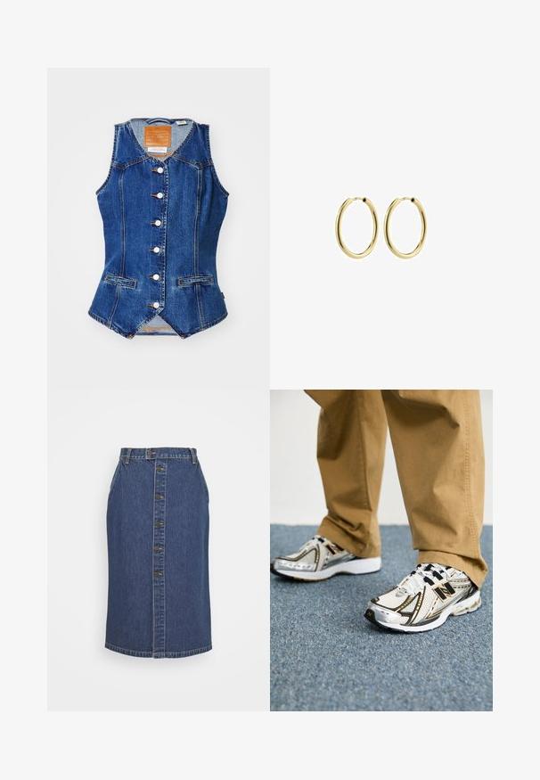 Levi's® LONGLINE - Weste - enchantment; Drei Tanktops in Mintgrün, Schwarz und Beige; aus geripptem Stoff mit Rundhalsausschnitt und ohne Ärmel. Markenlabel sichtbar.; Dunkelblaue Jeans-Bleistiftrock mit vorderem Knopfverschluss, vertikalen Nahtdetails und einem klassischen Saum.; Weiße und silberne New Balance Sneaker mit schwarzen Akzenten und Schnürsenkeln, ausgestattet mit einem Mesh-Obermaterial, gepolsterten Sohlen und dynamischem Design.; Goldene Metallohrringe mit einer glatten Oberfläche, kreisförmiger Form und einem sicheren Verschluss. Polierte Oberfläche ohne sichtbare Muster oder Akzente.
