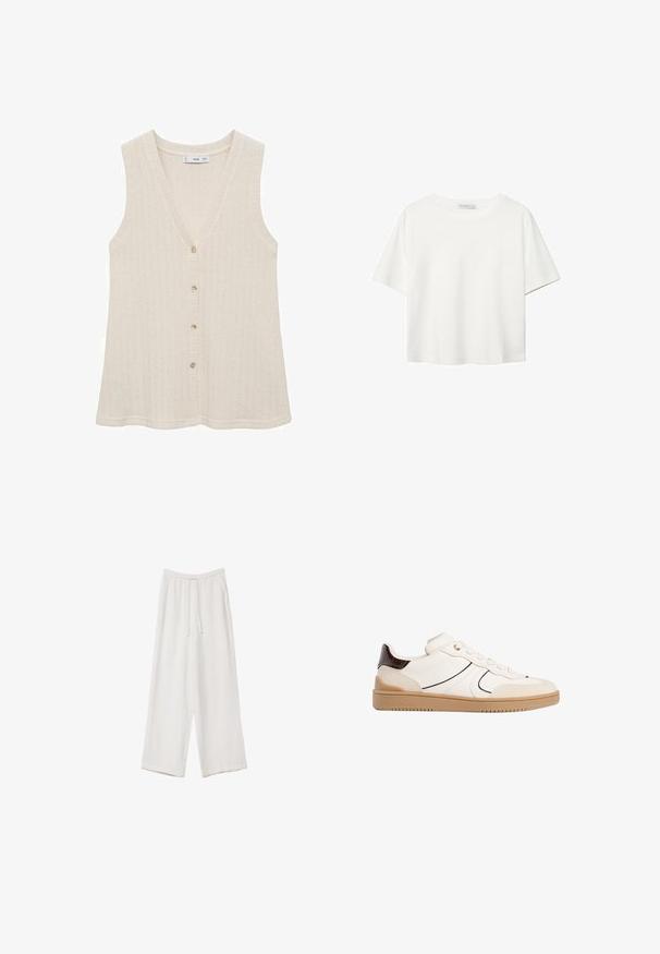 Helles beiges, ärmelloses Stricktop mit V-Ausschnitt, Knopfverschluss und strukturiertem Muster. Weiches Material mit lockerer Passform und abgerundetem Saum.; Weißes T-Shirt mit kurzen Ärmeln aus Baumwolle. Hat einen Rundhalsausschnitt und eine lockere Passform. Glatte Textur ohne sichtbare Muster oder Akzente.; Weiße weit geschnittene Hose aus leichtem Stoff. Mit einem elastischen Bund und Kordelzug sowie Seitentaschen. Glatte Textur.; Stradivarius Sneaker low - white