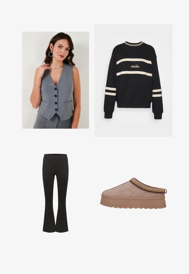 LELA SLIM FIT - Weste - grey; Schwarzer Pullover mit zwei horizontalen cremefarbenen Streifen, geripptem Kragen und Logo in der Mitte. Die Ärmelbündchen haben ähnliche Streifenverzierungen.; Schwarze Schlaghosen mit einem taillierten Bund und glattem Stoff, aufrecht vor einem weißen Hintergrund präsentiert.; Braune Wildlederschlupfschuhe mit einer dicken, strukturierten Sohle, die eine kunstvolle gelbe und braune Stickerei entlang des oberen Randes aufweisen.