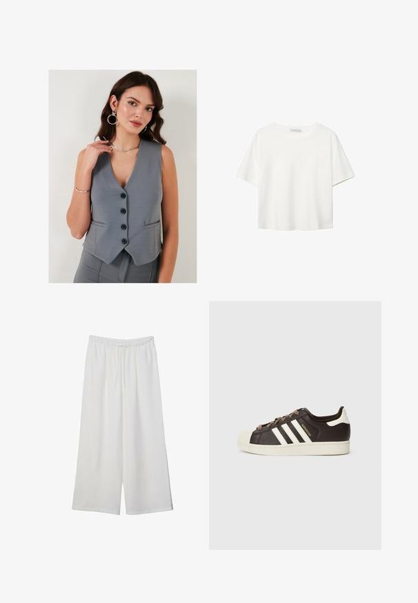 LELA - Kamizelka; Biała koszulka z krótkim rękawem, wykonana z bawełny. Posiada okrągły dekolt i luźny krój. Gładka faktura bez widocznych wzorów czy akcentów.; Białe szerokie spodnie wykonane z lekkiego materiału, z elastyczną talią i sznurkiem do regulacji fasonu. Gładka tekstura.; Niskie trampki Adidas Superstar z ciemnobrązowej skóry z kremowym noskiem w kształcie skorupy, białymi paskami i napisem „Superstar” po boku.