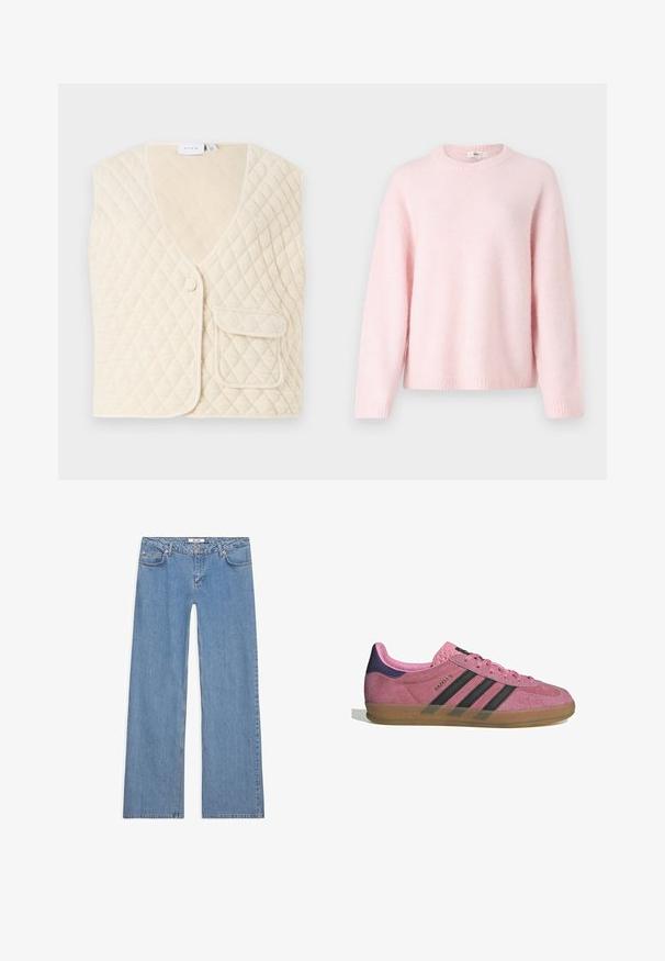 Quiltana brezrokavnik v off-white barvi z V-izrezom, enim gumbom in žepom na sprednji strani. Mehka tkanina z diamanti vzorcem.; Gina Tricot CREW NECK - Pulover - primrose pink; Bela kratka majica s kratkimi rokavi iz bombaža. Ima okroglo izrezovanje in sproščen kroj. Gladka tekstura brez vidnih vzorcev ali poudarkov.; Svetlo modri široki traper hlače, izdelane iz denima, z zasnovo petih žepov, zapenjanjem na gumb in šivanim detajlom ob šivih in robovih.; Roza semišna tenisača z črnimi stripe, gumijastim podplatom in teksturiranim vijoličastim petnim delom. Ima vezalni dizajn in embosirano blagovno znamko na strani.