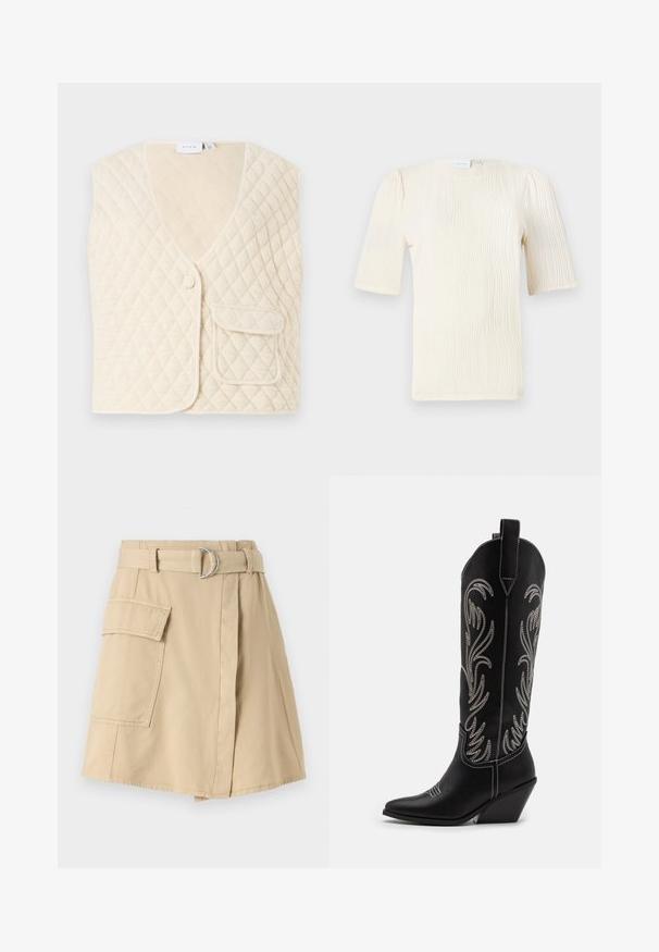 Quiltana brezrokavnik v off-white barvi z V-izrezom, enim gumbom in žepom na sprednji strani. Mehka tkanina z diamanti vzorcem.; Bluzica s kratkimi rokavi v barvi smetane z teksturno valovito vzorcem. Okrogli izrez in subtilne gubice na rokavih. Lahkotna tkanina.; Bež krilo iz bombaža s stransko žepom, pasom z zlatim obročem in rahlo A-linijo. Gladka tekstura in preprost dizajn.; Črne usnjene kavbojske čevlje s koničastimi prsti, klinastimi petami in srebrnimi vezeninami cvetnega vzorca po vsej dolžini. Kontrastno šivanje povsod.