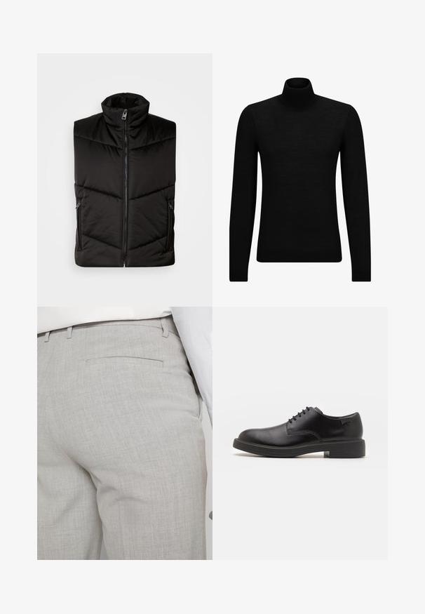 Black insulated vest featuring a high collar, front zipper, and side zippered pockets. Padded design with diagonal stitching details.; Black turtleneck sweater made of soft material, featuring long sleeves and a snug fit. Ribbed trim at the hem and cuffs. Simple design.; Light gray tailored trousers made of textured fabric, featuring a single back pocket and clean stitching.; Black leather lace-up shoe with a rounded toe, smooth texture, minimal stitching, and a low rubber heel. Logo on the heel.