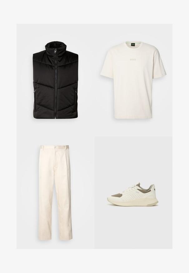 Svart isolert vest med høyt krage, frontlås og sidelommer med glidelås. Polstret design med skrå sømdetaljer.; BOSS TEE - T-shirts - open white; Beige bomullsbukser med rett benfatt, med knappelukking og folder foran for ekstra detaljer.; Hvit og lysebeige treningssko, med en mesh-overdel, perforerte detaljer og en teksturert mellomsåle med merkevare på hælen.