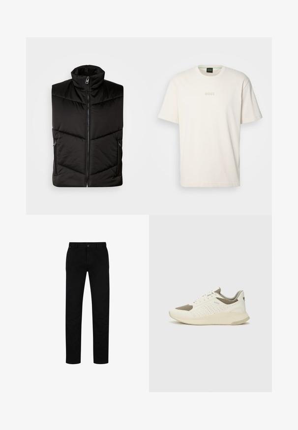 Melna izolēta veste ar augstu apkakli, priekšējo rāvējslēdzēju un sānu rāvējslēdzēja kabatām. Polsterēts dizains ar diagonālām šuvēm.; BOSS TEE - Pamata T-krekls - open white; Melni kokvilnas bikses ar taisnu piegriezumu, kas aprīkotas ar pogu aizdari, jostu cilpām un minimālistisku dizainu. Gluda tekstūra, bez rakstiem.; Baltas un gaiši bež sporta apavi, ar sieta augšdaļu, perforētiem detaļām un teksturētu vidusdaļu ar zīmolu uz papēža.