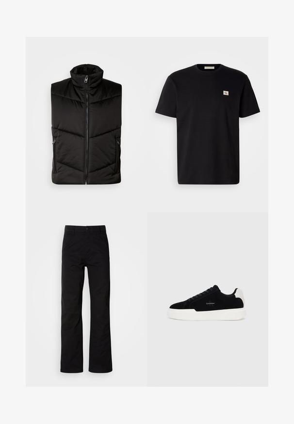 Black insulated vest featuring a high collar, front zipper, and side zippered pockets. Padded design with diagonal stitching details.; Black cotton t-shirt with short sleeves, crew neck, and a small embroidered logo on the left chest. Smooth texture, regular fit.; Black cotton pants with a straight-leg design, featuring a button closure and belt loops. Smooth texture and minimalistic style with no visible patterns.; Black low-top sneaker with white sole and heel tab, lace-up front, and Calvin Klein logo on side.