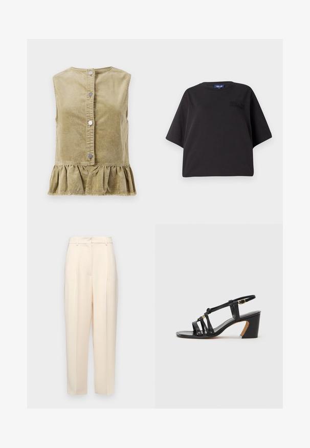 Kaki štrampinė be rankovių palaidinė su apvaliu kaklu, priekiniais užsegimais ir raukšlėtu apvadu. Tekstūruotas audinys turi vertikalias juosteles.; Juoda trumpa rankovė T-shirt, pagaminta iš medvilnės, su laisvu siluetu ir iškilniu logotu priekyje, šalia peties.; Bežinės pritaikytos kelnės su tiesiu kirpimu, su raukšlėmis priekyje, lygia tekstūra ir vidutinio aukščio juosmens. Nematomos kišenės.; Paul Smith AMIRA - Klasikiniai aukštakulniai - black