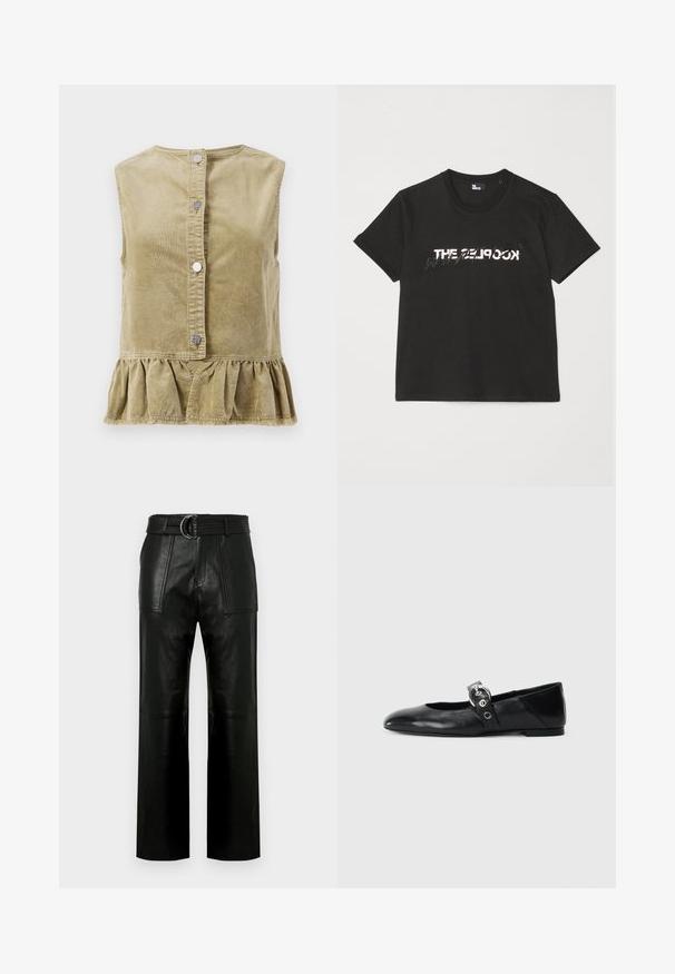 Top sin mangas de pana color caqui con escote redondo, botones a presión en la parte delantera y un dobladillo con volantes. La tela texturizada presenta rayas verticales.; Camiseta de algodón negra de manga corta, con un diseño impreso en blanco y gris que dice "THE 2LOOK" en el frente. Cuello redondo clásico.; Pantalones de cuero negros de cintura alta con piernas anchas, grandes bolsillos frontales y un cinturón a juego con hebilla de doble anillo.; Mocasines de ballet de cuero negro con punta afilada, que cuentan con una correa con un cinturón metálico circular y una suela plana.