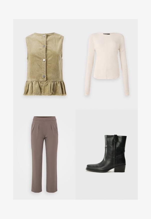 Khaki kord široký bezramenný top s kulatým výstřihem, předními kovovými knoflíky a volánovým lemem. Texturovaná tkanina má vertikální pruhy.; Dlouhý rukáv, světle béžový top s kulatým výstřihem. Vyrobeno z jemné látky, má středový šev a mírně zaoblený lem. Bez viditelné kovové úpravy.; Taupe volné kalhoty s elastickým pasem a předními záhyby, vyrobené z hladkého materiálu.; Černá kožená kotníková bota s kulatou špičkou, blokovým podpatkem, bočním zipem a prošíváním na svršku. Hladký povrch, klasický design.