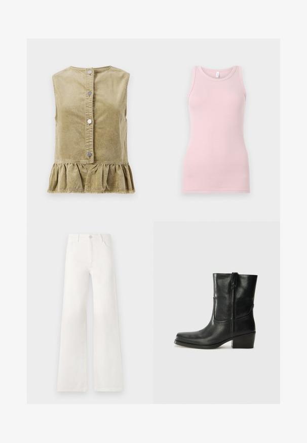 Kaki štrampinė be rankovių palaidinė su apvaliu kaklu, priekiniais užsegimais ir raukšlėtu apvadu. Tekstūruotas audinys turi vertikalias juosteles.; Šviesiai rožinė liemenėlė, pagaminta iš švelnaus, tampraus audinio. Turi apvalią iškirptę ir siaurus petnešėles, su lygiu paviršiumi ir prigludusia forma.; Balsviesti, aukštu liemeniu plačiakelnės džinsinės kelnės. Jos turi mygtukų užsegimą, dvi priekinės kišenes ir siūlams su siuvinėtojais.; Juodi odiniai aulinukai iki kulkšnies su apvali nosimi, blokuotais kulnais, šonine užtrauktuku ir siuvimo akcentais ant viršutinės dalies. Lygi tekstūra, klasikinis dizainas.