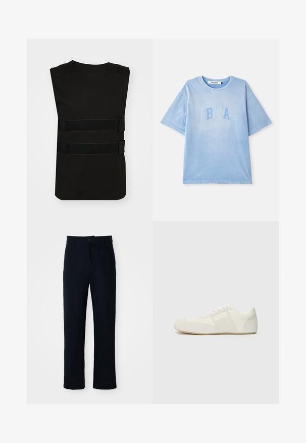 Helmut Lang Waistcoat - black; Light blue cotton t-shirt with short sleeves and a crew neck. Features embroidered "IBIZA" text in a slightly darker blue. Smooth texture.; Navy blue trousers made of cotton, featuring a straight-leg design, a front button closure, and classic waistband with belt loops.; White athletic shoe with a sleek design, featuring a suede toe cap, leather panels, and contrasting textured accents. Flat rubber sole.