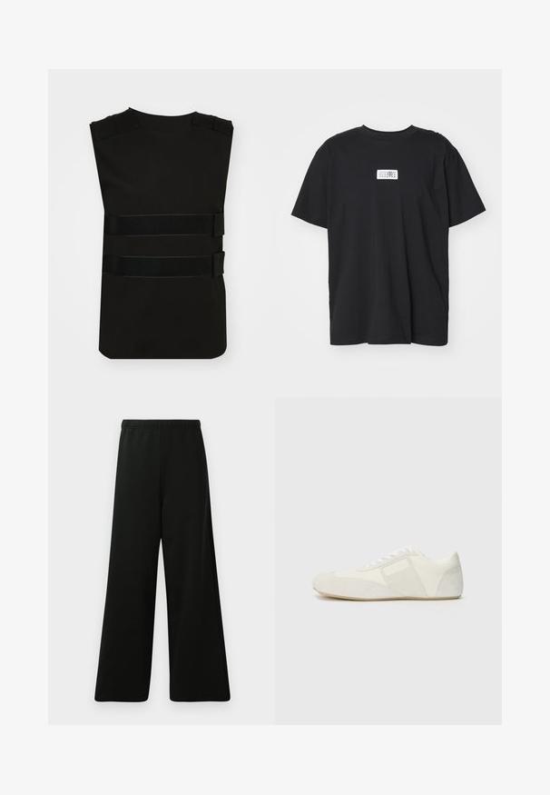 Helmut Lang Waistcoat - black; Black cotton t-shirt with a crew neck, short sleeves, and a rectangular white label featuring numbers and a graphic design.; Black wide-leg pants made from soft fabric. Features an elastic waistband, smooth texture, and a simple, modern design without patterns.; White athletic shoe with a sleek design, featuring a suede toe cap, leather panels, and contrasting textured accents. Flat rubber sole.