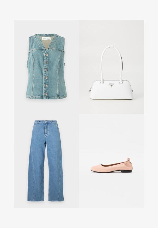 Gaiši zilas džinsa veste ar V veida kakla izgriezumu, bez piedurknēm, priekšējā pogu aizdare ar sudraba akcentiem un pieguļoša silueta.; Pelēkā adīta džemperis ar kaķa grafiku melnā un bēšā krāsā, ar vārdu "Nākotne" rozā krāsā priekšpusē.; Gai zili džinsi ar platajām kājām, izgatavoti no denima, ar augsto vidukli, taisnu griezumu un kontrastējošiem šuvēm.; Bālā rozā krāsā baleta kurpes, kas izgatavotas no gludas materiāla, ar noapaļotu purngalu, elastīgu aizmuguri un mazu melnu papēdi.; Baltā ādas rokassoma ar izliekta formu, kas aprīkota ar sudraba trīsstūrveida logotipu un rāvējslēdzēju. Gluda tekstūra un divi rokturi.