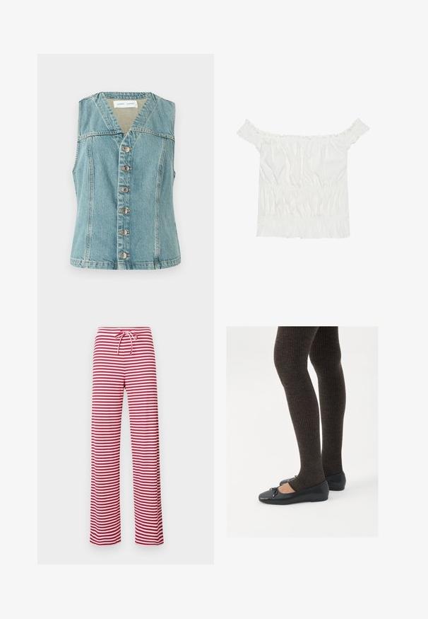 Hellblaues Jeansweste mit V-Ausschnitt, ärmellosem Design, vorderem Knopfverschluss mit silbernen Akzenten und figurnaher Silhouette.; Weißes Off-Shoulder-Top mit Rüschendetails, gepufftem Textil und einem elastischen Bund. Hergestellt aus weichem Baumwollstoff.; Rote und weiße gestreifte, locker sitzende Hose mit Kordelzug und geriffelter Textur. Das gerade Beinendes Design reicht bis zur Knöchellänge.; Schwarze flache Schuhe mit einem kleinen Schleifendetail an der Zehe, kombiniert mit dunkelbraunen gerippten Strumpfhosen. Die Schuhe haben eine glatte Textur und ein niedriges Profil.