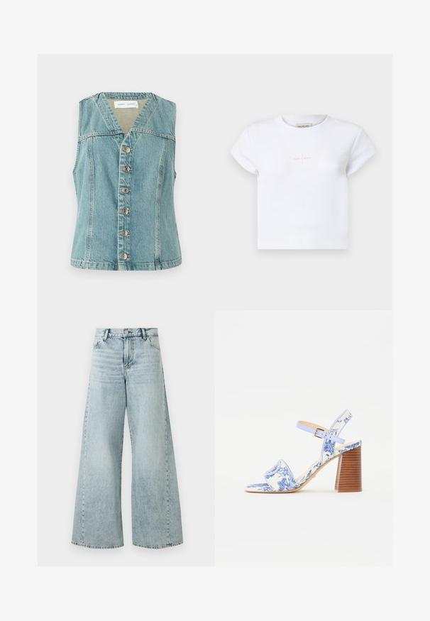 Jasnoniebieska kamizelka z dżinsu z dekoltem w kształcie V, bez rękawów, z przodu zapięcie na guziki z srebrnymi akcentami oraz dopasowaną sylwetką.; Biała bawełniana koszulka crop z krótkim rękawem, z subtelnym złotym logo "Calvin Klein" z przodu oraz okrągłym dekoltem.; Jasnoniebieskie dżinsy o szerokich nogawkach z wysokim stanem, z zapięciem na guzik, pięcioma kieszeniami i postrzępionymi detailami u dołu.; Niebieskie sandały w kwiatowy wzór z kwadratowym noskiem, szerokim paskiem i regulowanym paskiem wokół kostki, z teksturowanym, drewnianym obcasem w kształcie bloku.
