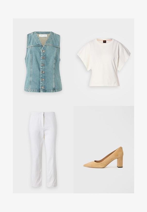 Light blue denim vest featuring a V-neck, sleeveless design, front button closure with silver accents, and a fitted silhouette.; White cropped T-shirt, short wide sleeves, soft cotton material, round neckline with subtle orange trim, minimal design, no patterns or graphics.; White cotton pants with a straight leg design, featuring a mid-rise waist and no visible hardware or patterns. Smooth texture throughout.; Beige suede high-heeled pump with a pointed toe and a chunky block heel. The material has a soft texture with a smooth finish.