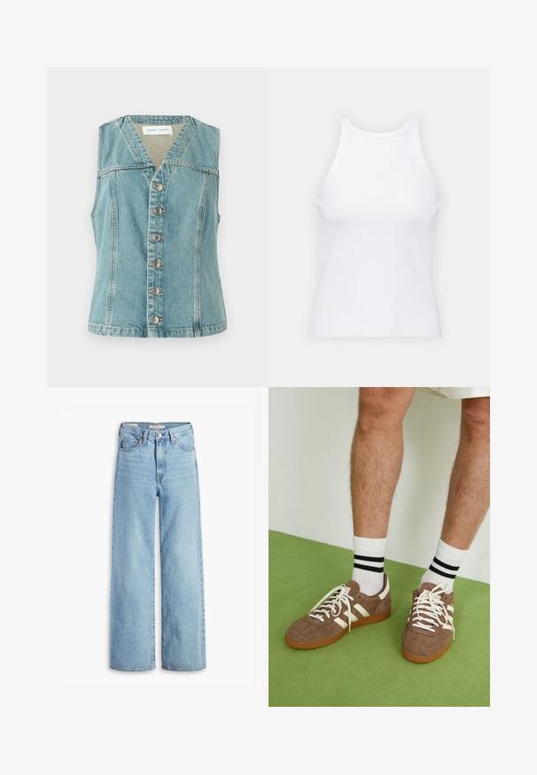 Lichtblauwe denimvest met een V-hals, mouwloos ontwerp, sluiting met knopen aan de voorkant met zilveren accenten, en een getailleerde pasvorm.; Witte mouwloze tanktop van ribstof, met een ronde halslijn en een aansluitende pasvorm, met minimale naden en zonder versieringen.; Lichtblauwe, hoge taille, wijde jeans met een voorste knoop en ritssluiting, riemlussen en vijf zakken.; Bruine suède sneakers met witte accenten en veters. Rubberen gumzool. Draag met witte sokken met zwarte strepen. Groene gestructureerde vloer.