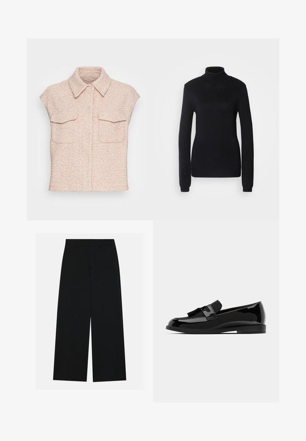 OPUS WIPERLA - Colete - sweet almond; Suéter de gola alta preto feito de um tecido de malha suave, com mangas longas e uma silhueta ajustada, apresentando um colarinho e bainha canelados.; Calças pretas de perna larga feitas de um tecido suave. Apresentam uma cintura plana com passantes para cinto e sem bolsos visíveis. Design simples.; Mocassins pretos em couro verniz com salto baixo, apresentando um detalhe em franja e superfície lisa, desenhados com um bico arredondado e costura subtil.