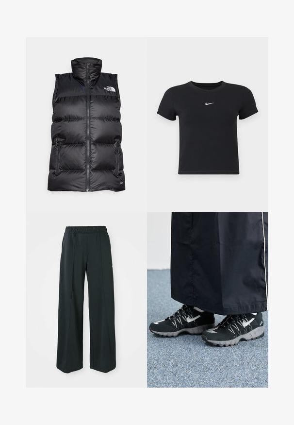 Svart polstret ermeløs vest med høyt krage, glidelås foran og to sidelommer. Har logo på øvre venstre side.; Svart T-skjorte med kort arm laget av bomull med rund hals. Har en hvit Nike-logo på brystet, minimalistisk design og tettsittende fasong.; Sorte, vide treningsbukser med elastisk midje. Laget av glatt, elastisk stoff, med subtile front sømmar og utan lommer.; Svarte treningssko med teksturert overdel, sølv detaljer og mønstrete såle, sammen med et svart langt plagg. Plassert på et blått teppe.