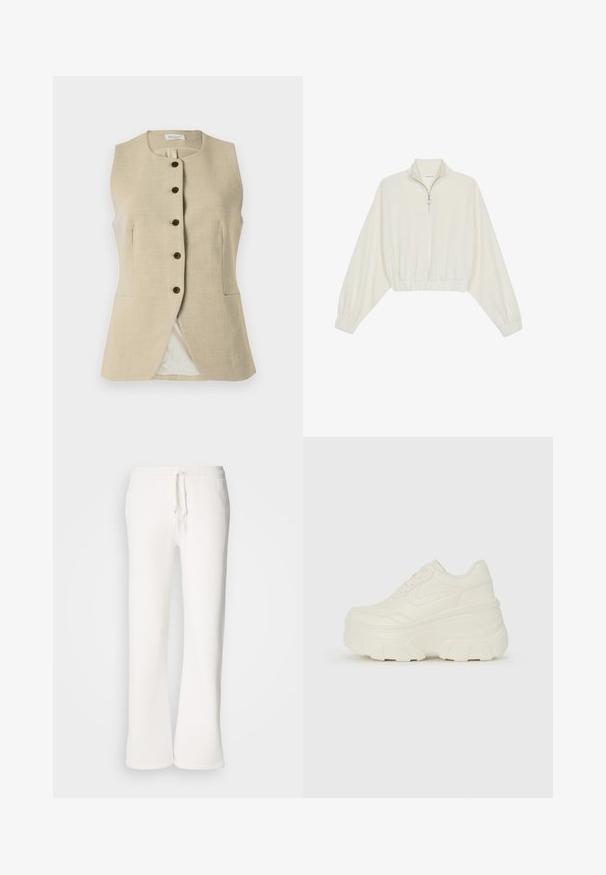 Béžová ľanová vesta s okrúhlym výstrihom, predným zapínaním na gombíky a dvoma bočnými vreckami; má hladký povrch a strih na mieru.; Zkrátený pulover z krémového materiálu, s vysokým golierom, polovičným zipsom, elastickým lemom a manžetami, s hladkou textúrou a minimalistickým dizajnom.; Biele, voľné tepláky vyrobené z mäkkej tkaniny, s elastickým pásom na šnurovanie a rovnými nohavicami.; Biele platformové tenisky s hladkým koženkovým svrchným materiálom, zaobleným tvarom, polstrovaným golierom a textúrovanou gumovou podrážkou s výrazným vzorom.