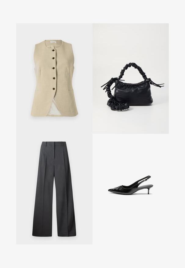 Beige Leinenweste mit rundem Ausschnitt, vorderem Knopfverschluss und zwei Seitentaschen; verfügt über eine glatte Textur und eine taillierte Passform.; Weißes Hemd mit Knöpfen, aus glattem Baumwollstoff, mit klassischem Kragen, langen Ärmeln und abgerundetem Saum. Die Knöpfe sind klein und weiß.; Weite Hosen aus dunkelgrauem Stoff, mit hoher Taille, einzelnen Falten und einer glatten Textur mit sauberen Abschlüssen an den Säumen.; Schwarze Leder-Slingback-Absätze mit einer spitzen Zehenform, kleinen Kitten-Absätzen und einem dekorativen Knoten-Detail auf der Vorderseite. Glatte Textur über die gesamte Fläche.; Schwarze Handtasche aus Kunstleder mit Krokodilstruktur, gerafftem oberen Teil und einem geschoppten Tragegurt. Sie wirkt weich und kompakt im Design.