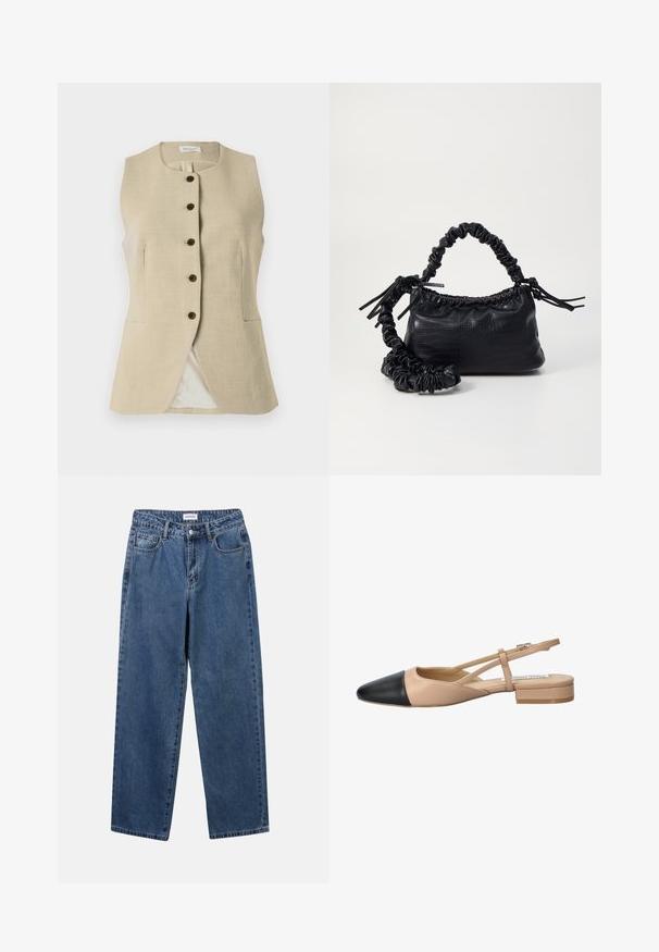 Beige linen vest with a round neckline, front button closure, and two side pockets; features a smooth texture and tailored fit.; White button-up shirt made of smooth cotton, featuring a classic collar, long sleeves, and a curved hem. Buttons are small and white.; Classic blue denim jeans with a straight-leg design, five pockets, and a button closure. Features a medium wash and sturdy texture.; Beige and black two-tone slingback shoe with a pointed toe, flat heel, and crisscross strap detail. Smooth leather texture.; Black faux leather handbag with a crocodile texture, cinched top, and a scrunched strap. Appears soft and compact in design.