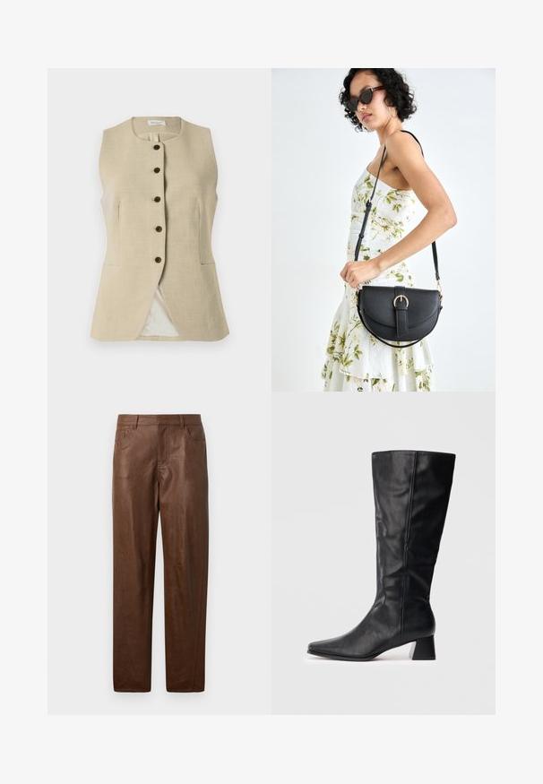 Beige linen vest with a round neckline, front button closure, and two side pockets; features a smooth texture and tailored fit.; White satin top with thin straps and a fitted bodice that flares into a gathered peplum hem, smooth texture with slight sheen.; Brown leather pants with a smooth texture, straight leg design, and two side pockets. Features visible stitching details.; Black mid-calf leather boot with pointed toe and block heel on plain light background.; Black leather handbag with a curved shape, detachable strap, and gold hardware. The bag features a flap with a buckle detail.