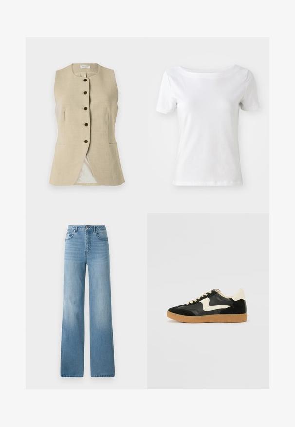 Beżowa lniana kamizelka z okrągłym dekoltem, zapięciem na guziki z przodu oraz dwoma bocznymi kieszeniami; charakteryzuje się gładką teksturą i dopasowanym krojem.; Biała koszulka z krótkim rękawem, wykonana z bawełny, z okrągłym dekoltem i gładką fakturą. Prosty i niezbyt zdobny design.; Jasnoniebieskie dżinsy z wysokim stanem i prostą nogawką. Wykonane z denimu, z pięcioma kieszeniami i zapięciem na guziki.; Czarne zamszowe i skórzane sneakersy z kremowym boku i jasnokremowym piętą. Posiada beżowe sznurowadła i gumową podeszwę.