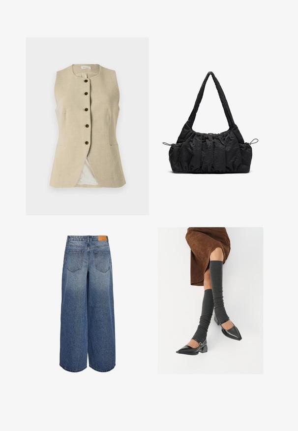 Beige vászon mellény kerek nyakkivágással, elöl gombos záródással és két oldalsó zsebbel; sima textúrával és testhezálló szabással rendelkezik.; Off-white kötött anyagú crop top. Hosszú ujjak, bordás textúrával és kis kivágásokkal a nyakkivágás körül.; Széles lábú denim culotte nadrág közepes kék mosással és kopott textúrával, két hátsó zsebbel és barna bőr márkás címkével a derékon.; Fekete lakk bőrből készült, hegyes orrú cipők, tömbsarkúakkal és bokapánttal, szürke bordás lábszármelegítőkkel és barna velúr szoknyával párosítva.; Fekete szövet kézitáska gyűrött textúrával, két vállpánttal és fűzős záródással az oldalakon. Simább, könnyű anyag.