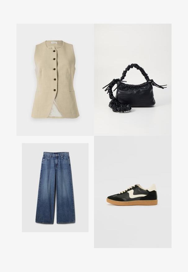 Béžová ľanová vesta s okrúhlym výstrihom, predným zapínaním na gombíky a dvoma bočnými vreckami; má hladký povrch a strih na mieru.; Biely dlhý rukáv top s pružným textúrou a dizajnom s výstrihom do V. Nápis značky "JJXX" je viditeľný vo vnútri výstrihu.; Džíny s širokými nohavicami v modrej farbe s vyblednutým povrchom, s gombíkom a zipsom, piatimi vreckami a pútkami na opasok.; Čierne semišové a kožené tenisky s krémovým bočným prešívaním a svetlo krémovou pätou. Obsahujú béžové šnúrky a podošvu z gumeného kaučuku.; Čierna umelá kožená kabelka s kroko vzorom, sťahovaným vrchom a zhnutým popruhom. Vyzerá mäkko a kompaktné v dizajne.