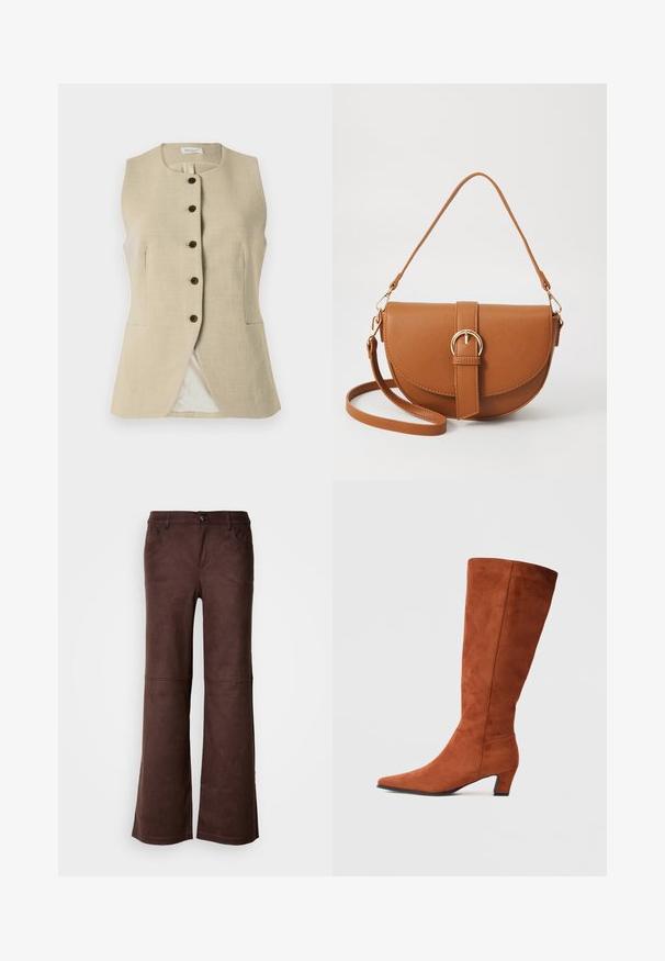 Beige linervest med rund hals, frontlukking med knapper og to sidelommer; har en glatt tekstur og skreddersydd passform.; Kremfarget høyhalset genser, kortermet, ribbestrikkede mansjetter og hem, mykt strikket stoff, løs passform, minimalistisk design uten synlige mønstre.; Brune flare bukser i et blødt, suede-lignende stof. Har fire lommer, en knaplukning og en glat, tekstureret overflade.; Brune suédine knæhøje støvler med spids tå og en lille blokhæl, med en glat tekstur og minimalistisk design.; Brun lærcrossbody-veske med en buet form, gullhardware og et spenneakcent. Har en avtakbar skulderreim.