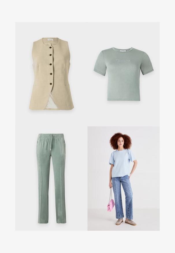Vest bej din in cu guler rotund, închidere cu butoane în față și două buzunare laterale; are o textură netedă și o croială ajustată.; Tricou scurt cu mânecă, verde deschis, realizat dintr-un material moale, având un logo "Juicy" din strasuri pe piept. Culoare rotundă, design ajustat.; Pantaloni de trening din catifea într-o nuanță verde mut, cu talie elastică și șnururi, buzunare laterale și detalii de cusătură verticală contrastante.; Tricou din bumbac de culoare albastră deschisă, cu mâneci scurte tip puff, asortat cu blugi din denim cu talie înaltă. Modelul poartă o geantă mică roz, cu un breloc din lanț.