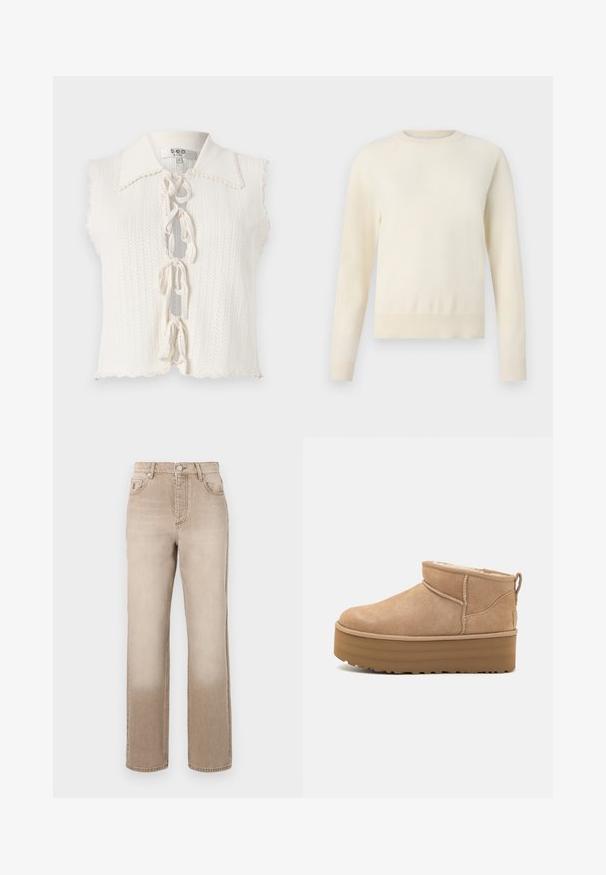 Top alb fără mâneci, cu guler zimțat, model tricotat texturat, încheiere frontala cu fundițe și tiv scurt.; Pulover de culoare crem deschis, cu mâneci lungi, guler rotund și tiv ondulat. Confecționat dintr-un material moale, având o textură netedă.; Jeans din denim bej cu un efect ușor decolorat, design cu picior drept, stil cu cinci buzunare și închidere cu un buton metalic la talie.; Botine din suede bej, cu interior moale, având o talpă pe platformă și un tab de tragere în spate pentru o purtare ușoară. Talpă exterioară din cauciuc texturat.