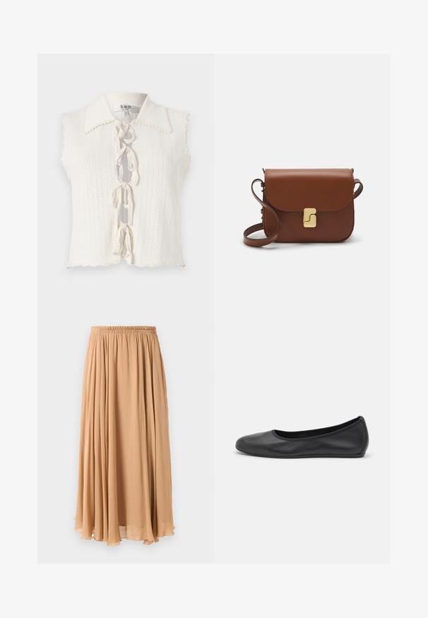 Top alb fără mâneci, cu guler zimțat, model tricotat texturat, încheiere frontala cu fundițe și tiv scurt.; Pulover scurt de culoare bej deschis, cu guler tip mock cu fermoar, având un model texturat și manșete și tiv coagulate. Combină materiale tricotate și țesute.; Fustă maxi de culoare bej deschis, realizată dintr-un material fluid. Are un tiv elastic adunat și pliuri delicate pentru libertatea de mișcare.; Balerini din piele neagră, cu vârf rotund, textură netedă, detalii de cusătură minimale și un design al tălpii flexibil.; Geantă de piele maro cu închidere tip capac, accesorii de culoare aurie, curea de umăr și o textură netedă. Formă compactă și rectangulară.
