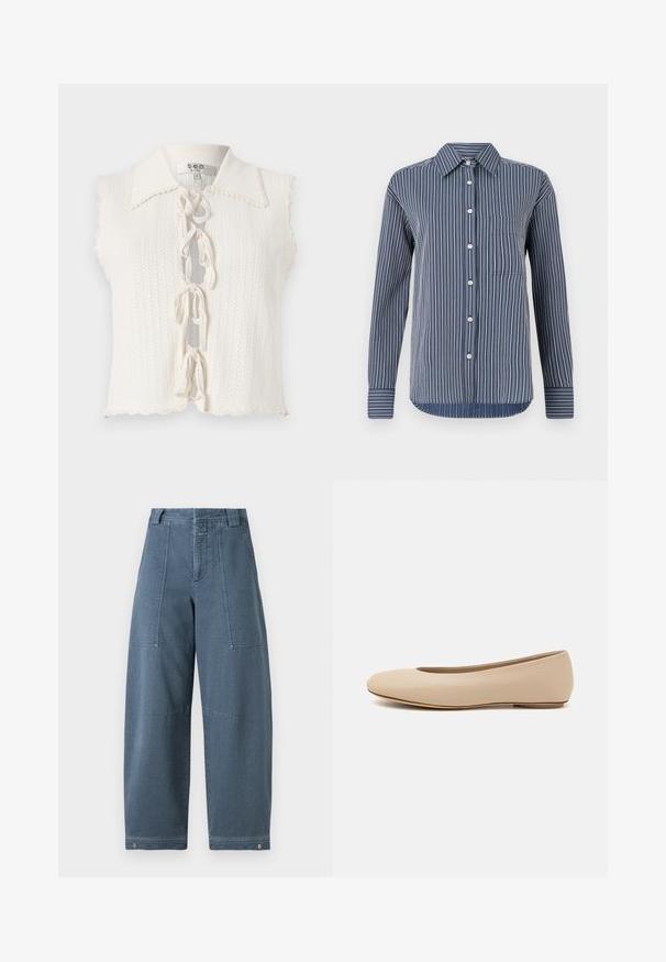 Balta be rankovių palaidinė su banguotu apykakle, tekstūruota megztinė, priekinis užsegimas su kaspinais ir trumpas apdaila.; Mėlynos ir baltos juostos marškiniai su mygtukais, ilgomis rankovėmis, vienu krūtinės kišeniu ir klasikinėmis apykaklėmis, pagaminti iš lengvos medžiagos.; Šviesiai mėlynos džinsinės laisvos kelnės, turinčios tekstūruotą paviršių, du priekinius kišenes ir patvarius siūlus apačioje.; Šviesiai ruda odinė baleto bateliai su apvaliu galiuku, minimaliais siūlių detalėmis, žemu kulnu ir subtiliu logotipu gale. Lygi, matinė tekstūra.