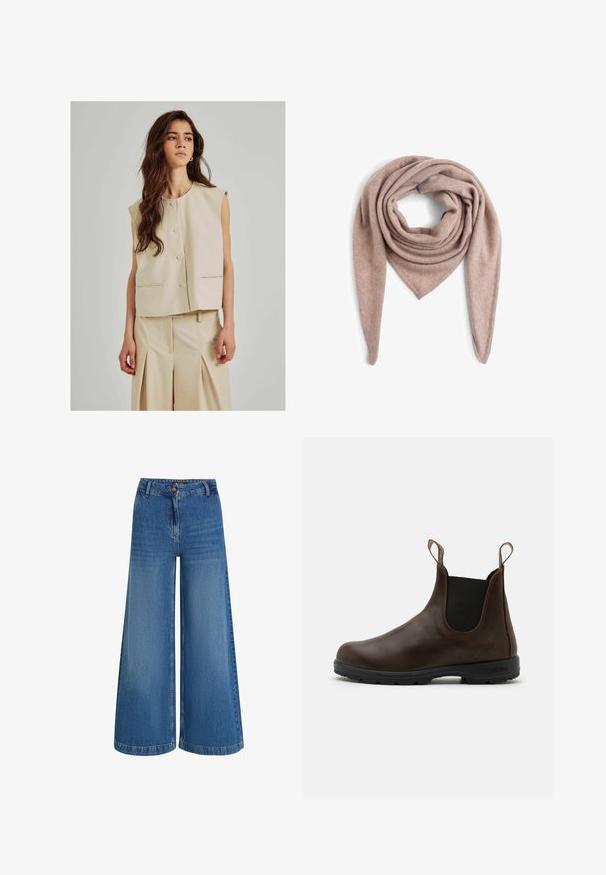 Beige ärmellose Weste mit Rundhalsausschnitt, vorderem Knopfverschluss und seitlichen Taschen; kombiniert mit passenden, hellbeigen, gefalteten Hosen.; Bordeauxfarbener Strickcardigan mit rundem Halsausschnitt, Knopfverschluss und geripptem Saum. Verfügt über strukturierte Muster und Puffärmel.; Weißes Langarmhemd aus geripptem Stoff mit Rundhalsausschnitt und taillierter Form. Keine Muster oder Akzente sind vorhanden.; Weit geschnittene Jeanshose in Hellblau mit hohem Bund, vorderem Knopfverschluss und subtilen Auswaschungen entlang des Stoffs für eine interessante Textur.; Braune Leder-Ankle Boots mit elastischen Seitenpaneelen, Zuglaschen und strukturierter Gummisohle. Sie verfügen über ein schlankes, rundes Zehendesign.; Marie Lund Schal - taupe; Braune Wildleder-Eimerhandtasche mit einem einzelnen Schultergurt und einem abnehmbaren Crossbody-Gurt. Glatte Textur und minimalistisches Design ohne sichtbare Hardware.