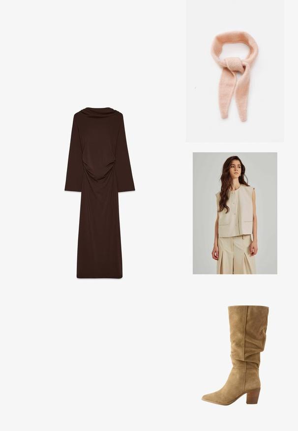 Kreminės spalvos be rankovių liemenė su apvali apykakle, priekyje užsegama mygtukais ir su šoninėmis kišenėmis; derinama su atitinkamomis šviesiai kreminėmis plišytomis kelnių.; Ruda, ilgomis rankovėmis suknelė, pagaminta iš minkštos medžiagos, su drapiruotu kaklu ir surinkimu juosmens srityje, tekanti iki žemės.; Rudi suediniai kelio ilgio batai su švelniu dizainu, smailiu pirštu ir mediniu pakulnė. Minkšta tekstūra su matomais siuvimo akcentais.; Šviesiai rožinis megztas šalikas, minkšta tekstūra, susukti dizainai su ilgesniais galais, viduryje turintis mazgo detalę.