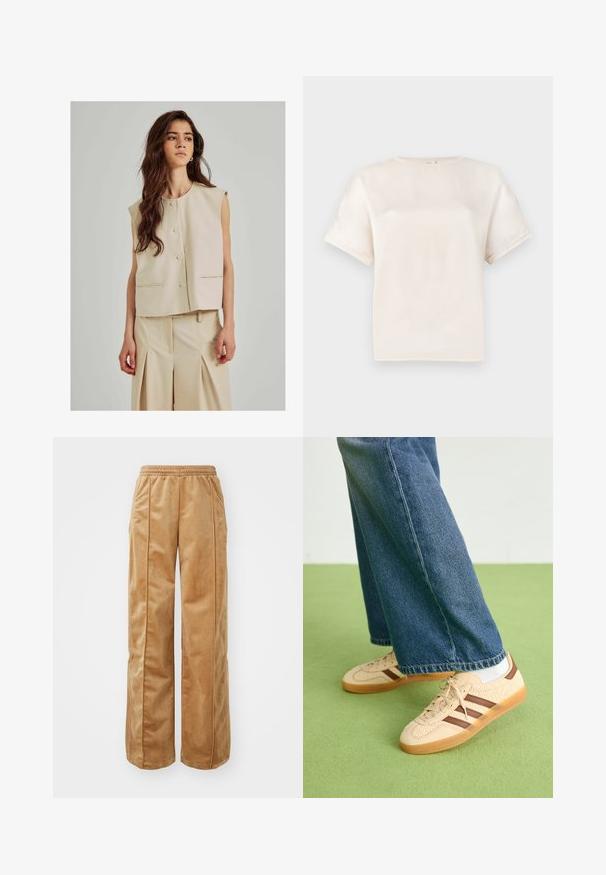 Bēša bez piedurknēm veste ar apaļu kakla izgriezumu, priekšējo pogu aizdari un sānu kabatām; pārī ar atbilstošām gaiši bēšām plisētām biksēm.; Īsām piedurknēm apļa kakla T-krekls off-white krāsā, izgatavots no gludas auduma, ar brīvu piegriezumu un minimālām šuvju detaļām uz piedurknēm.; Gaiši brūnas platās kājas bikses, kas izgatavotas no mīksta, samtaina materiāla. Iezīmēta ar elastīgu jostu un vertikālām šuvēm gar priekšpusi, lai pievienotu papildu detaļas.; Beidzīgi krēmbalti sporta apavi ar tekstūru un brūnā svītra, apvienoti ar zilu džinsu biksēm. Džinsus raksturo plata kāja un saplēsts apakšmalas dizains.