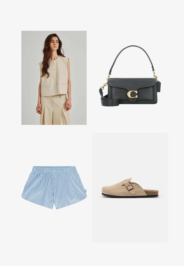 Beige ärmellose Weste mit Rundhalsausschnitt, vorderem Knopfverschluss und seitlichen Taschen; kombiniert mit passenden, hellbeigen, gefalteten Hosen.; Weißes Baumwoll-T-Shirt mit kurzen Ärmeln, Rundhalsausschnitt und geradem Schnitt. Glatte Textur, einfaches Design, keine sichtbaren Muster oder Akzente.; Blaue und weiße gestreifte Shorts mit elastischem Bund, zwei Knöpfen auf der Vorderseite und entspannter Passform. Der Stoff wirkt glatt und hat eine leichte Textur.; Beige Wildlederschuh mit abgerundeter Zehenpartie, verstellbarem Schnallenriemen und strukturiertem Gummisohle. Minimalistisches Design mit Kork-Mittelsohle.; Schwarze Lederhandtasche mit goldenen Hardware-Akzenten, ausgestattet mit einem charakteristischen Verschluss, einem abnehmbaren Schultergurt und einer strukturierten Oberfläche.