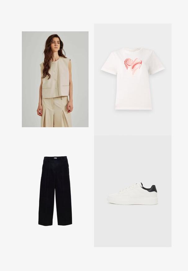 Beige ujjatlan mellény kerek nyakkivágással, elöl gombos záródással és oldalsó zsebekkel; világos beige, pliszírozott nadrággal párosítva.; Fehér pamut póló, középen szív grafikával, rózsaszín és korall árnyalataiban, forgó absztrakt mintázatokkal. Rövid ujjú, kerek nyakkivágású.; Sötétkék kordbársony széles szárú nadrág, egyenes fazonnal, elülső részekkel és finom textúrával. Övhurkokkal és fémezett cipzárral rendelkezik.; Fehér bőr sportcipő, dombornyomott mintával, texturált fehér középtalppal és fekete sarokbetéttel. Kerek orrú és lapos fűzőkkel rendelkezik.