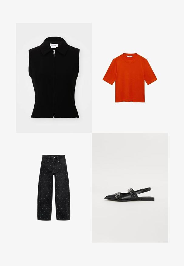 Weekday SLIM ZIP - Brezrokavnik - black; Kratka majica s kratkimi rokavi v oranžni barvi, izdelana iz mehkega blaga, z okroglim ovratnikom in sproščenim krojem, ravnim robom ter brez vidnih vzorcev.; Črne široke kavbojke iz denima z vzorcem manjših srebrnih gromet, klasičnega pet-pocket dizajna in sprednjim zapiranjem na gumb.; Even&Odd Nizki salonarji z odprto peto - black