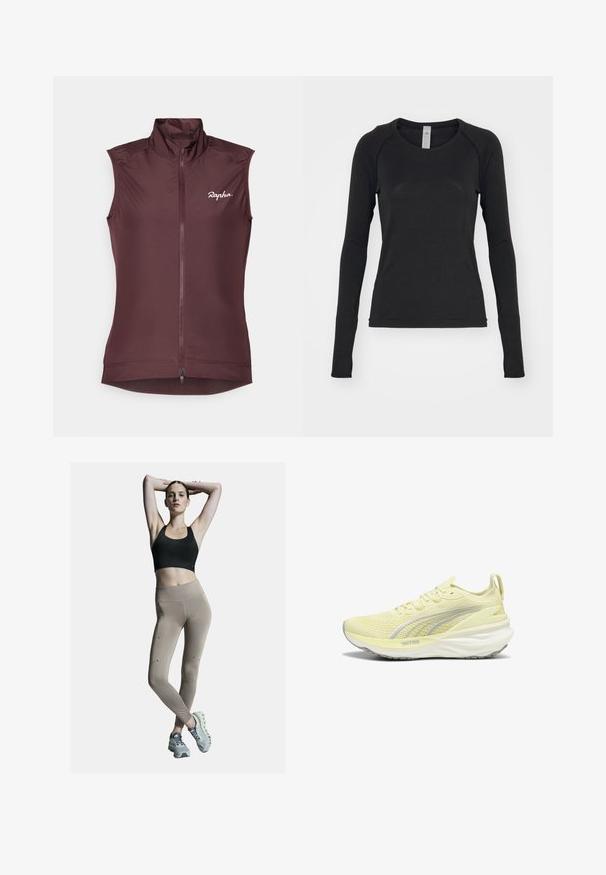 Bezrukávová cyklistická vesta vo tmavobordovej farbe. Vyrobená z ľahkého materiálu s vysokým golierom, plným predným zipsom a jemným logom na hrudi.; Čierna dlhá poloha v rôznej dĺžke, vyrobená z mäkkého materiálu. Má okrúhly výstrih a raglanové rukávy s otvormi na palce na manžetách. Minimalistický dizajn.; Čierny športový podprsenka a béžové legíny s vysokým pásom, so bočnými švami a akcentmi. Model má na sebe svetlošedé športové topánky s odpruženou podrážkou.; Svetložlté športové tenisky s textúrovaným zvrškom, šedými akcentmi a polstrovanou podrážkou. Majú šnurovací dizajn a pútko na päte.