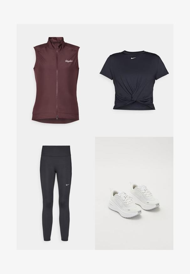 Sleeveless cycling vest in deep burgundy. Made from lightweight fabric with a high collar, full front zip, and subtle logo on the chest.; Black athletic t-shirt made of smooth fabric, featuring a knotted front design and a small white Nike logo on the chest.; Black leggings made of stretchy fabric, featuring a high waistband and a white Nike logo on the left thigh. Smooth texture, form-fitting design.; White athletic shoes with a textured mesh upper, cushioned sole, and subtle grey accents. Includes branding and looped heel tab for easy wear.