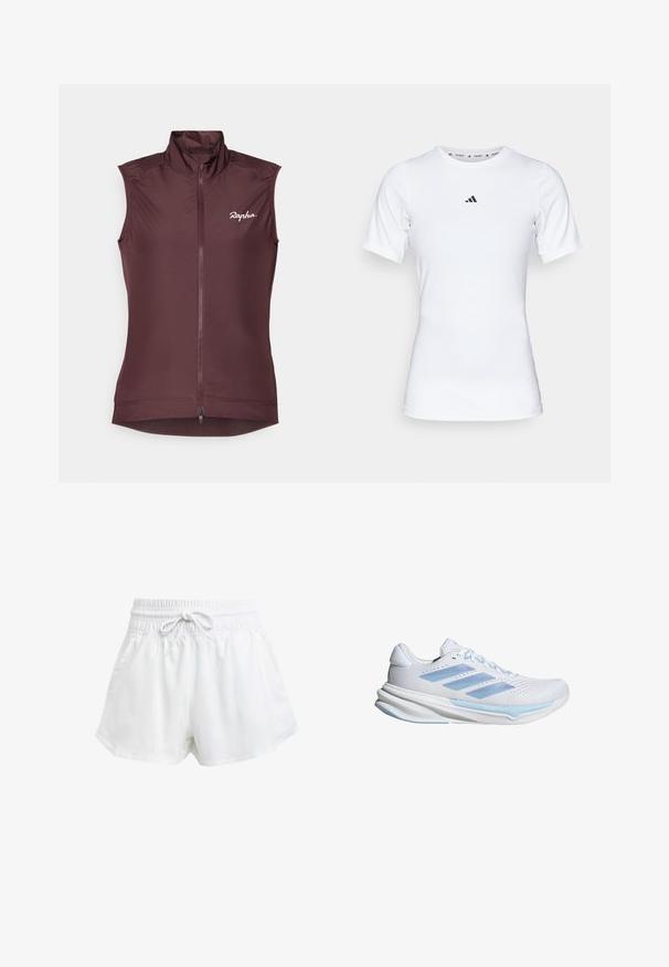 Ärmløs cykelvest i dyb burgunder. Fremstillet af letvægtsstof med høj krave, fuld front lynlås og subtilt logo på brystet.; Hvid atletisk skjorte med korte ærmer, lavet af glat, strækbart stof. Har et lille sort Adidas-logo på brystet.; Hvide atletiske shorts med elastisk talje og justerbar snor. Fremstillet af letvægtsmateriale, med sidelommer og en løs pasform.; Hvide løbesko med lyseblå accenter, åndbart mesh-overside, tre-stribes design, polstret sål og struktureret trækkraft sål.