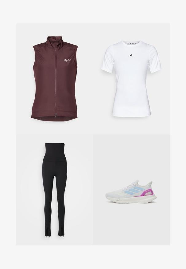 Ärmløs cykelvest i dyb burgunder. Fremstillet af letvægtsstof med høj krave, fuld front lynlås og subtilt logo på brystet.; Hvid atletisk skjorte med korte ærmer, lavet af glat, strækbart stof. Har et lille sort Adidas-logo på brystet.; adidas by Stella McCartney Tights - black; adidas Performance PUREBOOST 5 - Løbesko til landevejen - white/glow blue/purple burst