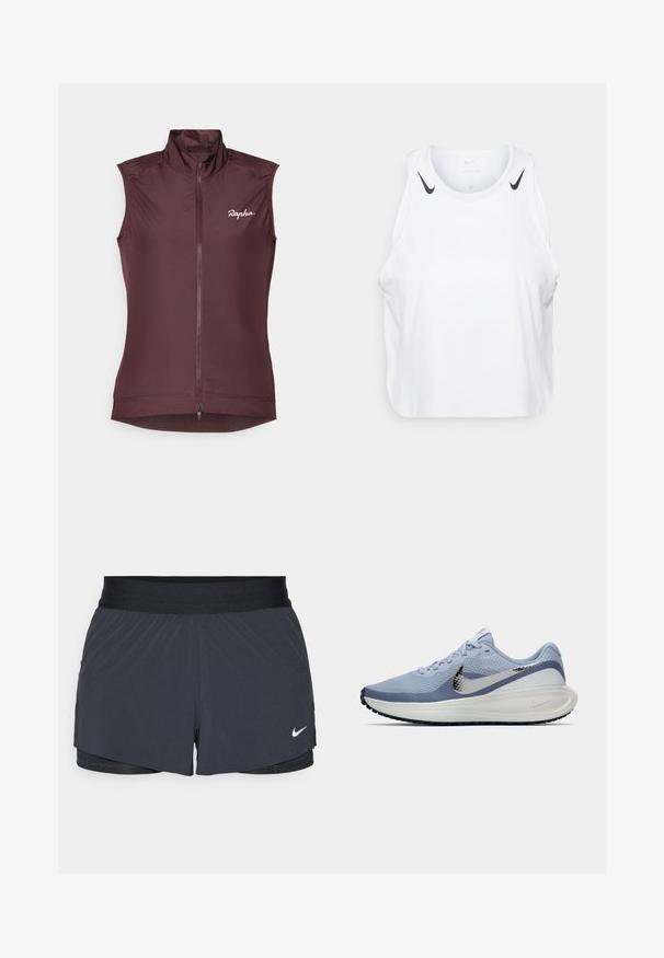 Ungarvestütsiga jalgrattavest sügavas burgundi värvuses. Valmistatud kergest kangast, millel on kõrge krae, täispikk lõppvikkmine ja peene logo rinnal.; Valge varrukateta t-särk, mis on valmistatud kergest kangast, mustade Nike logo detailidega õlgadel, ümmarguse kaelusega ja vabalt kulgev sobivus.; Mustad must sportlikud lühikesed püksid, millel on elastne vöökoht, kihiline disain ja väike valge Nike logo vasakul all. Kerge materjal.; Heledadsinine ja valge Nike jooksutoss, millel on hõbedane swoosh, hingav võrkmaterjal, pehmendatud tallad ja must välispind.