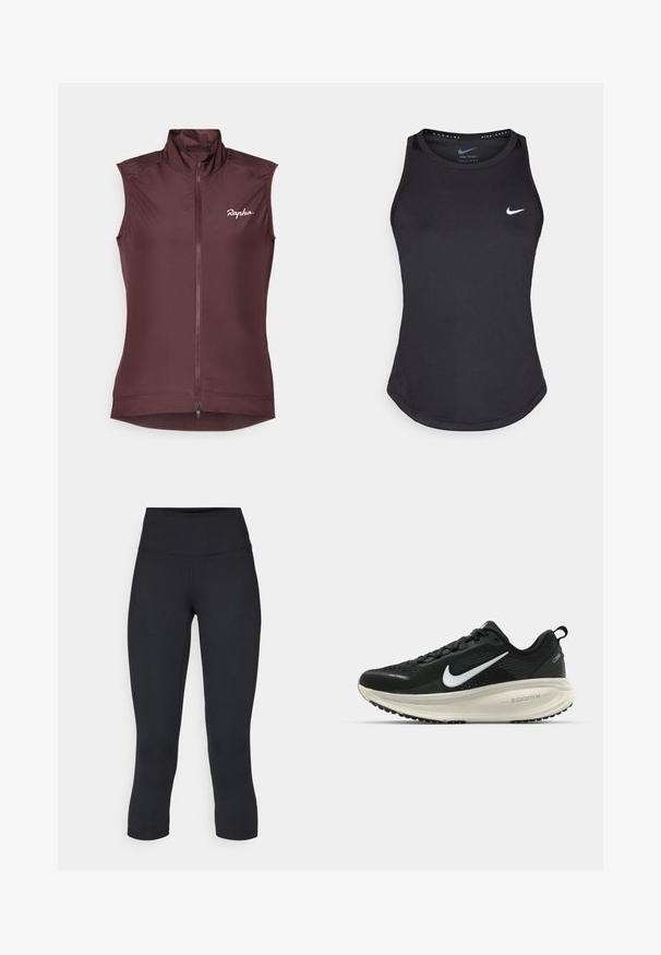 Mouwloze fietsvest in diep bordeauxrood. Gemaakt van lichtgewicht stof met een hoge kraag, volledige rits aan de voorkant en een subtiel logo op de borst.; Zwarte sporttanktop gemaakt van vochtregulerend materiaal. Heeft een ronde hals, een smalle pasvorm en het witte Nike-logo op de borst.; Zwarte cropped leggings van rekbaar materiaal, met een hoge tailleband en een gladde textuur, zonder zichtbare patronen of hardware.; Zwarte Nike hardloopschoen met ademend mesh bovenwerk, witte swoosh-logo, gestructureerde details en een crèmekleurige ZoomX middenzool.