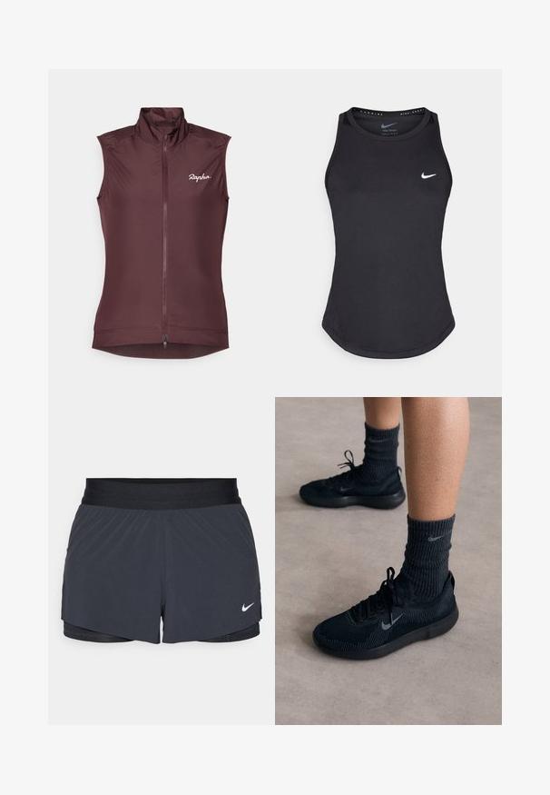 Bez rukava biciklistička prsluk u dubokom burgundcu. Izrađen od lagane tkanine s visokim ovratnikom, punim prednjim patent zatvaračem i suptilnim logotipom na prsima.; Crni atletski top bez rukava izrađen od materijala koji upija vlagu. Ima okrugli izrez, uski kroj i bijeli Nike logo na prsima.; Crne atletske kratke hlače s elastičnom stražnjicom, imaju slojeviti dizajn i mali bijeli Nike logo na donjoj lijevoj strani. Lagani materijal.; Crne Nike tenisice s teksturiranim pletenim gornjim dijelom, sivi swoosh logo, uparene s tamnim rebrastim čarapama. Ravni gumeni potplat.
