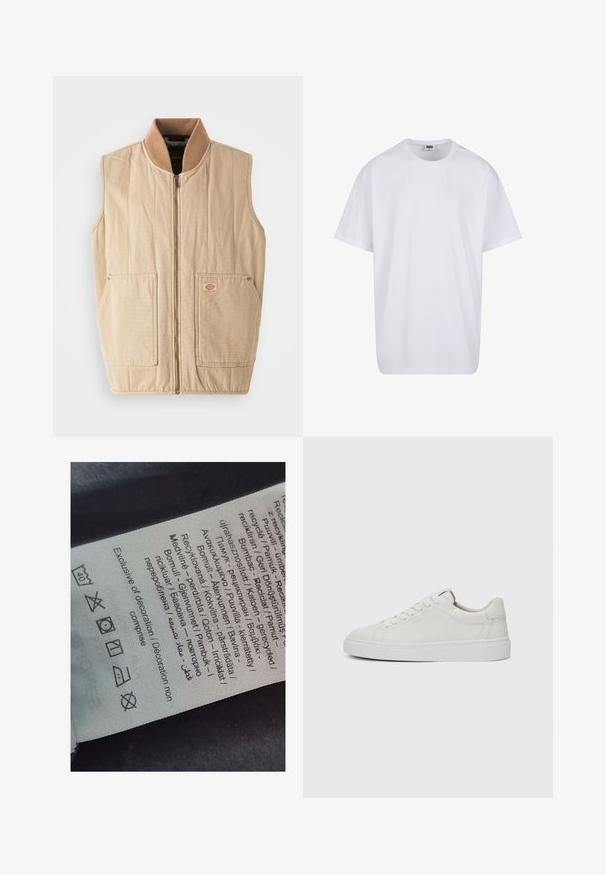 Béžová vesta so zipsom vpredu, vysokým golierom z hnedej fleecovej látky a dvoma veľkými prednými vreckami. Má prešívanú textúru a malú nášivku s logom.; Biela bavlnená tričko s krátkymi rukávmi, okrúhlym výstrihom, uvoľneným strihom a žiadnymi viditeľnými logami alebo vzormi. Hladká textúra a minimálny dizajn.; Štítok s viacjazyčným textom, symbolmi starostlivosti a ikonami recyklácie, vytlačený na jemnom textilnom materiáli svetlej farby.; Biele kožené tenisky nízkoprofilového strihu s okrúhlou špičkou, plochou bielou gumovou podrážkou a minimalistickými detailmi šitia. Šnúrky zaistené cez šesť očiek.